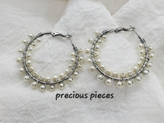 Wire Wrapped Pearl Hoop Earrings (1.57")