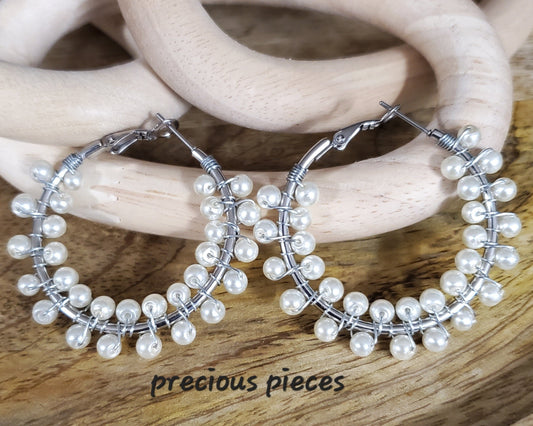 Wire Wrapped Pearl Hoop Earrings (1.57")