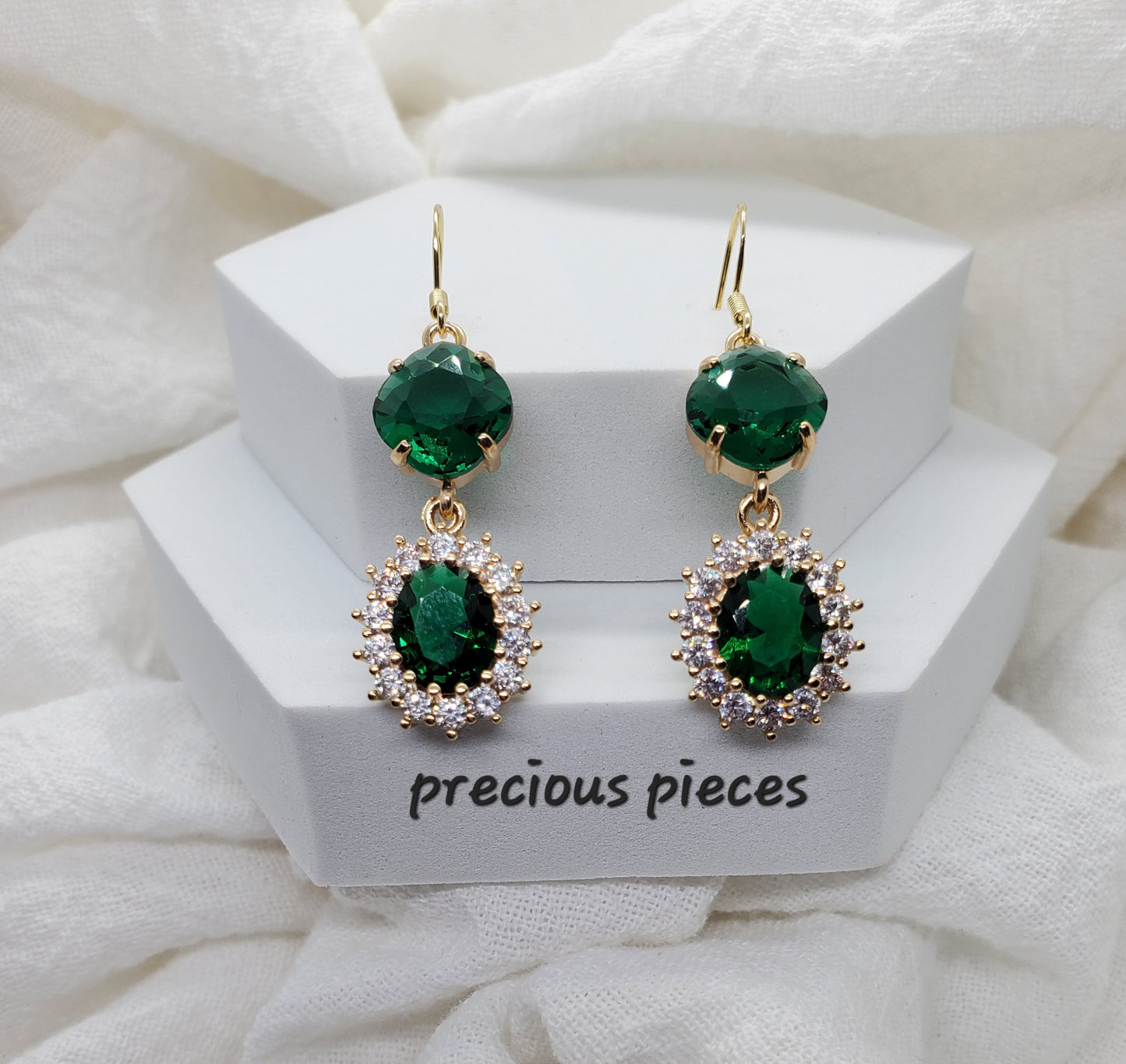 Vintage Emerald Green Hexagon Dangle Earrings