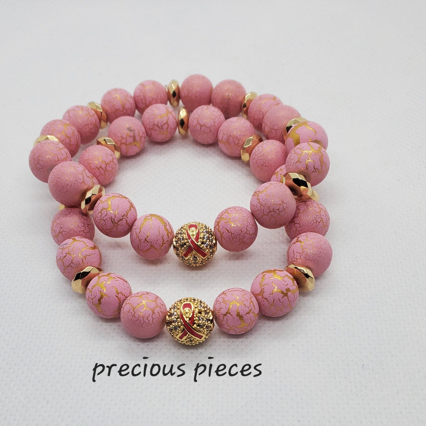 Gold Pink Ribbon Beaded Breast Cancer Awareness Bracelets with Gold Faceted Accents