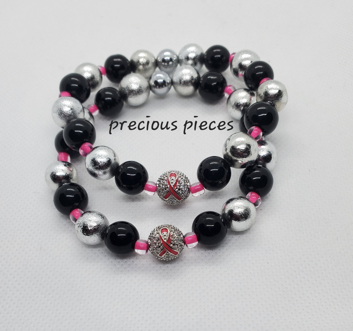 Silver Pink Ribbon Ball Beaded Breast Cancer Awareness Bracelets