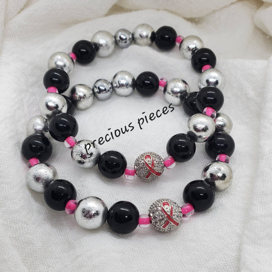 Silver Pink Ribbon Ball Beaded Breast Cancer Awareness Bracelets