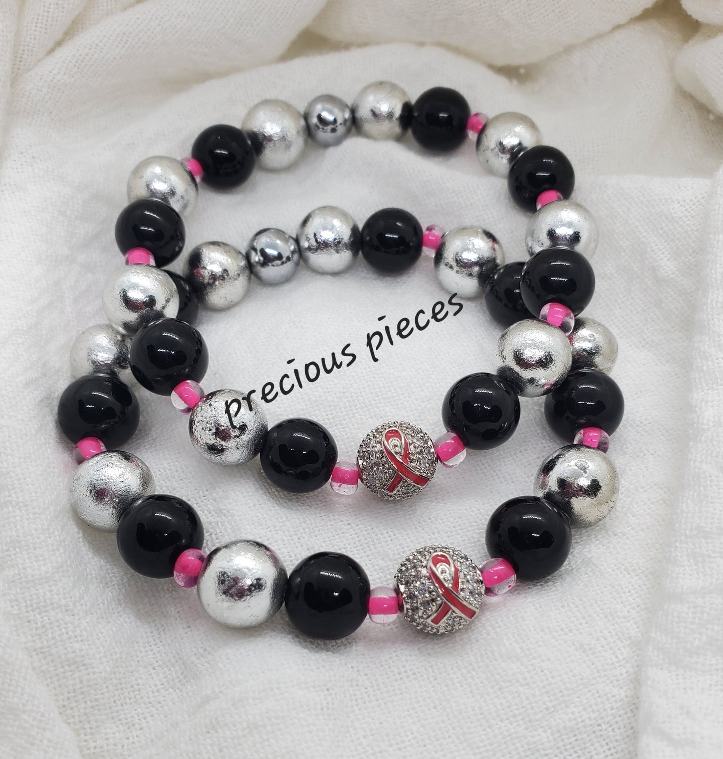 Silver Pink Ribbon Ball Beaded Breast Cancer Awareness Bracelets