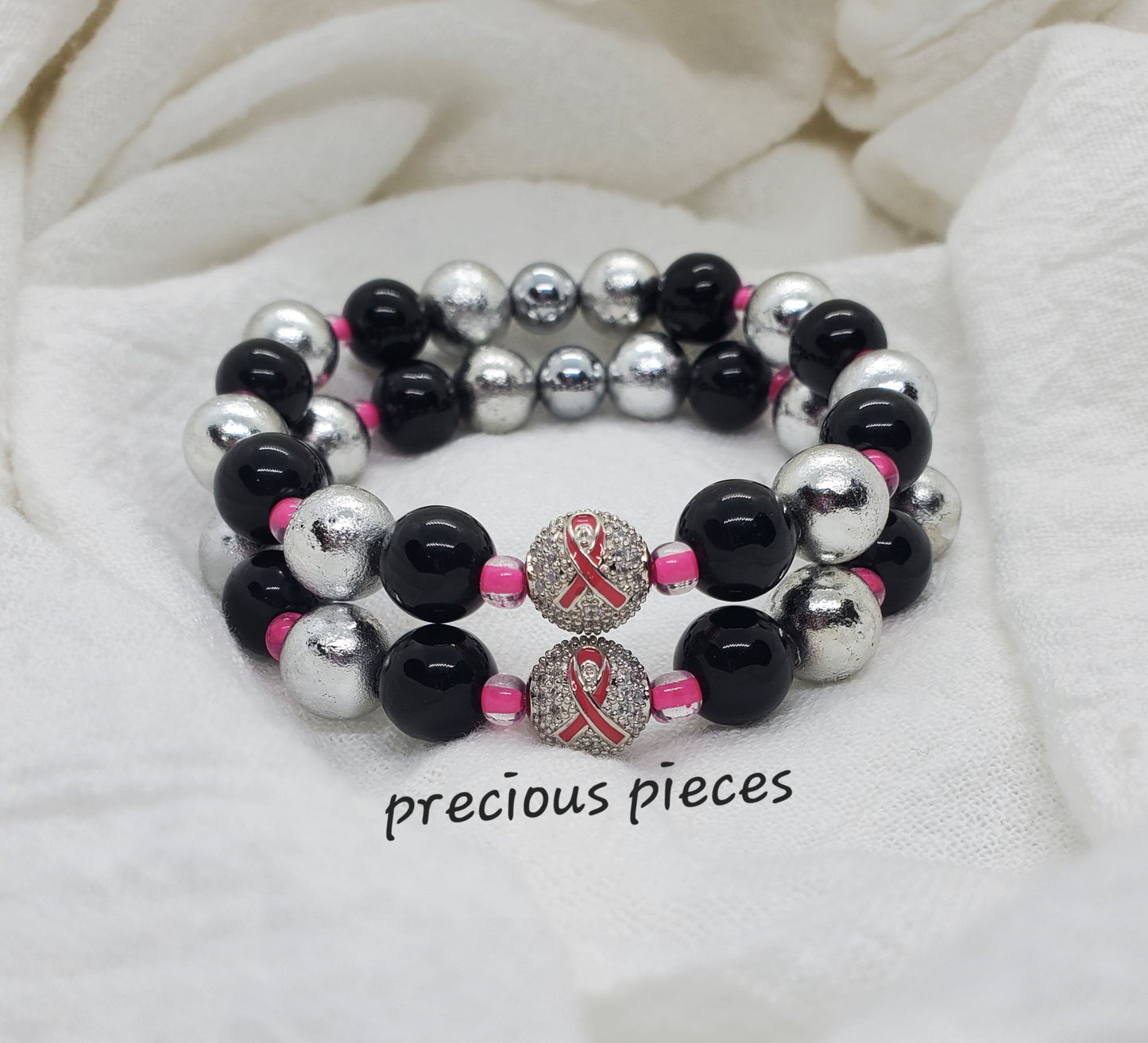 Silver Pink Ribbon Ball Beaded Breast Cancer Awareness Bracelets