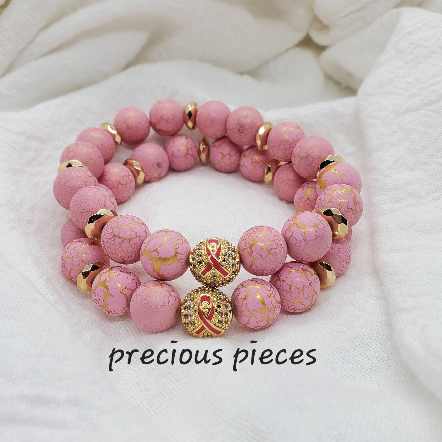 Gold Pink Ribbon Beaded Breast Cancer Awareness Bracelets with Gold Faceted Accents