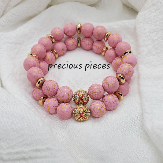 Gold Pink Ribbon Beaded Breast Cancer Awareness Bracelets with Gold Faceted Accents