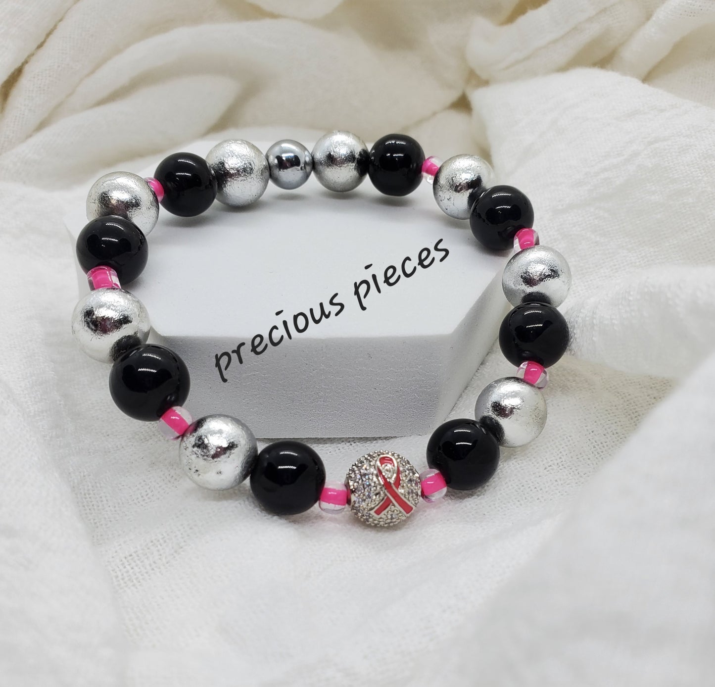 Silver Pink Ribbon Ball Beaded Breast Cancer Awareness Bracelets