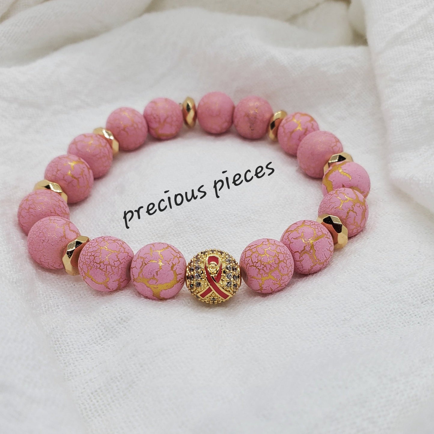 Gold Pink Ribbon Beaded Breast Cancer Awareness Bracelets with Gold Faceted Accents