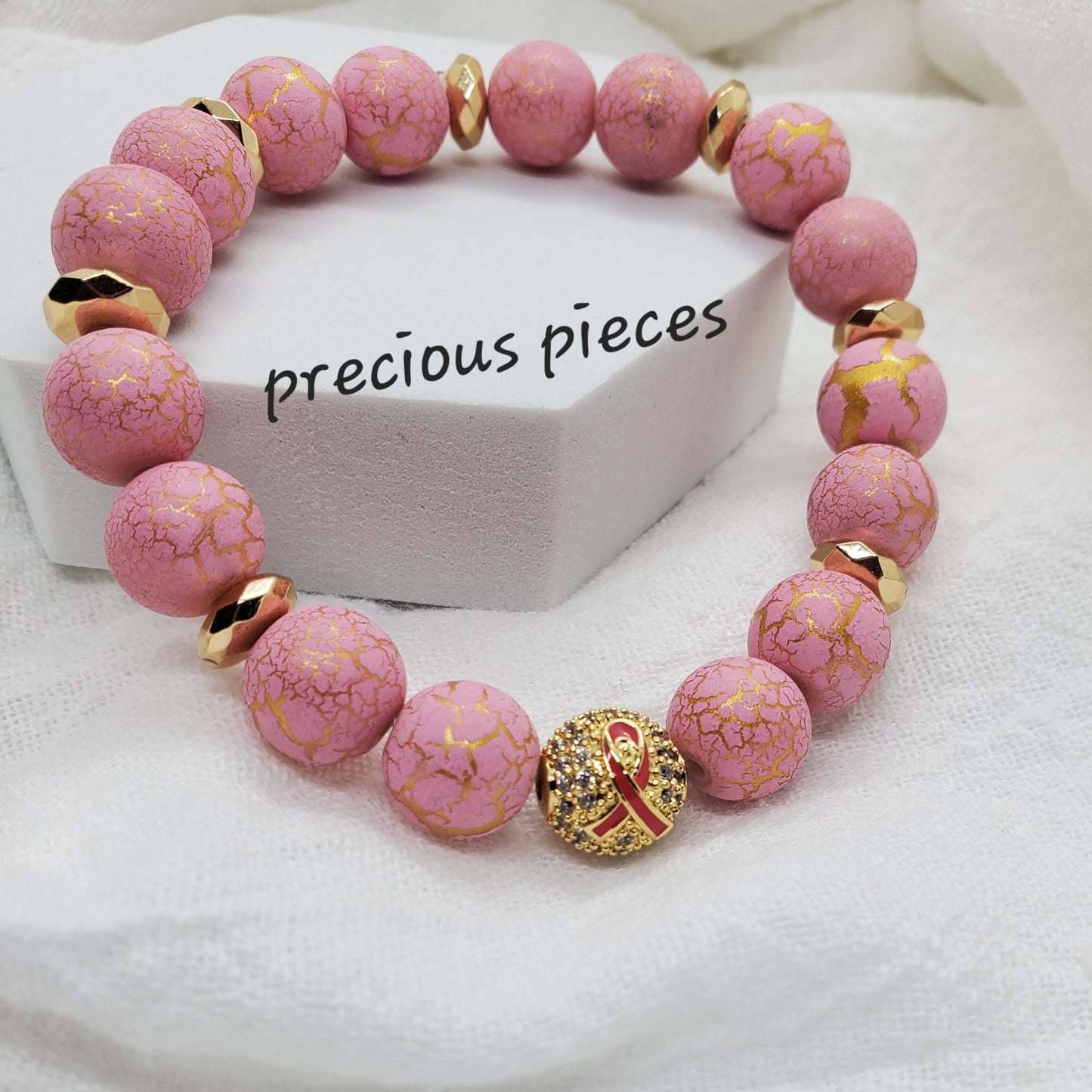 Gold Pink Ribbon Beaded Breast Cancer Awareness Bracelets with Gold Faceted Accents