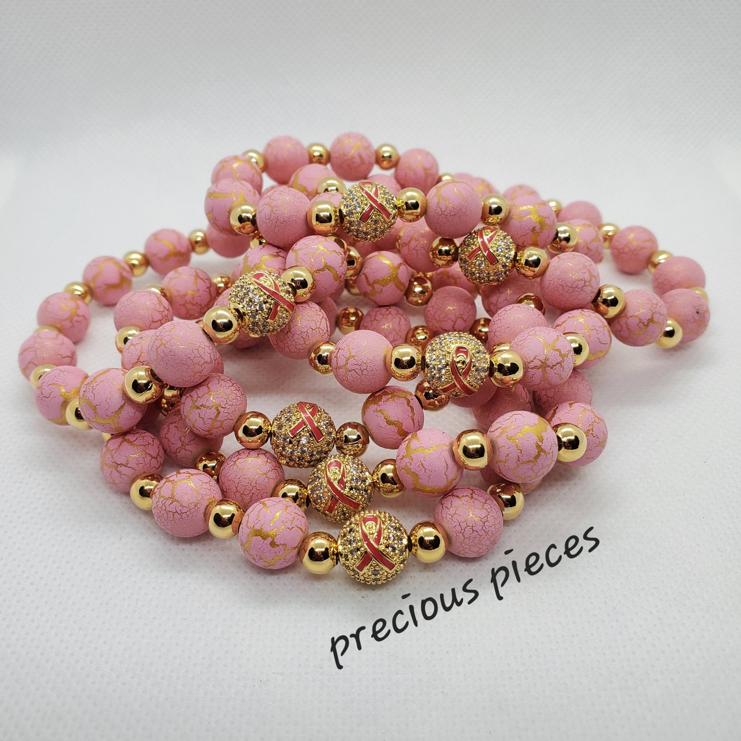 Gold Pink Ribbon Beaded Breast Cancer Awareness Bracelets with Gold Round Accents