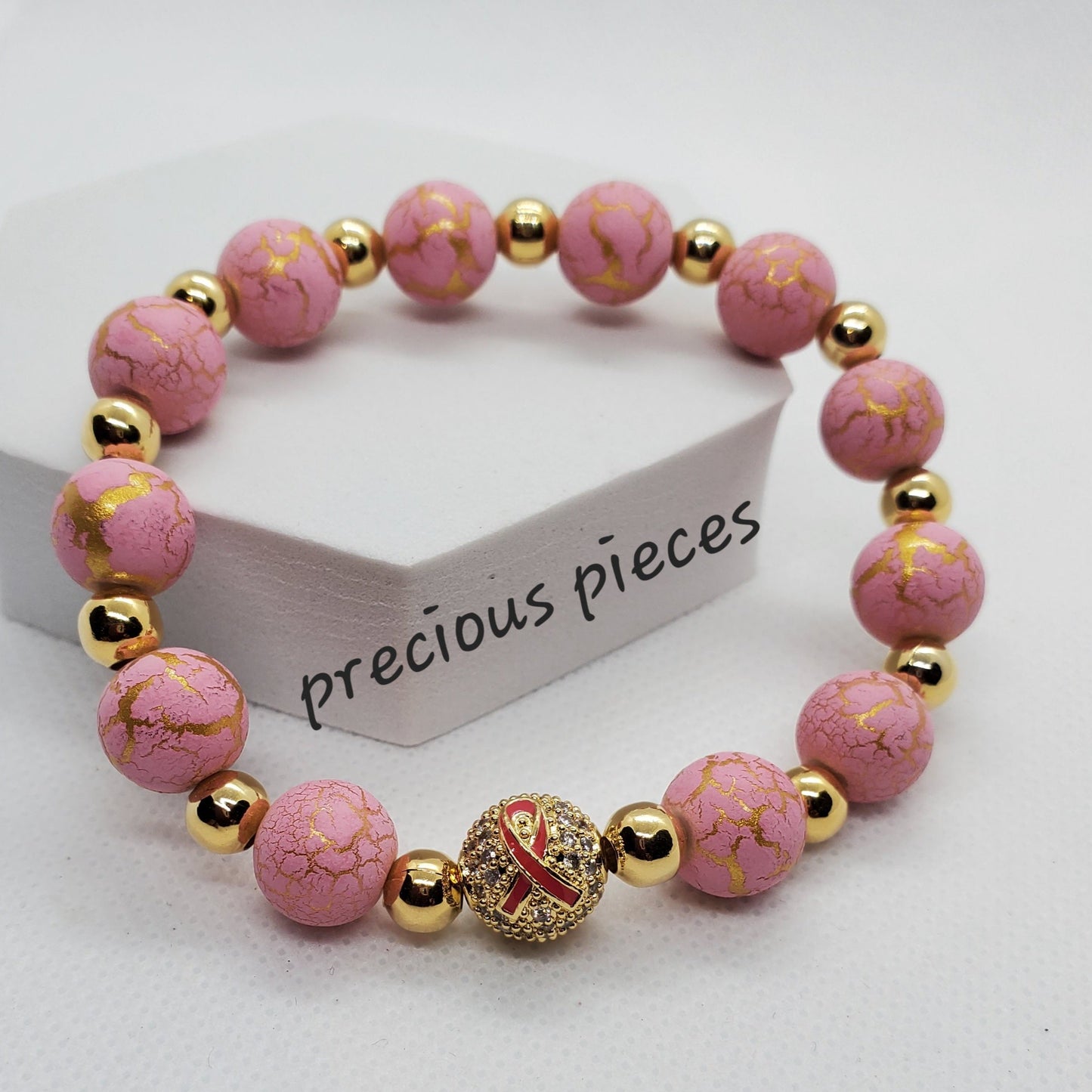 Gold Pink Ribbon Beaded Breast Cancer Awareness Bracelets with Gold Round Accents