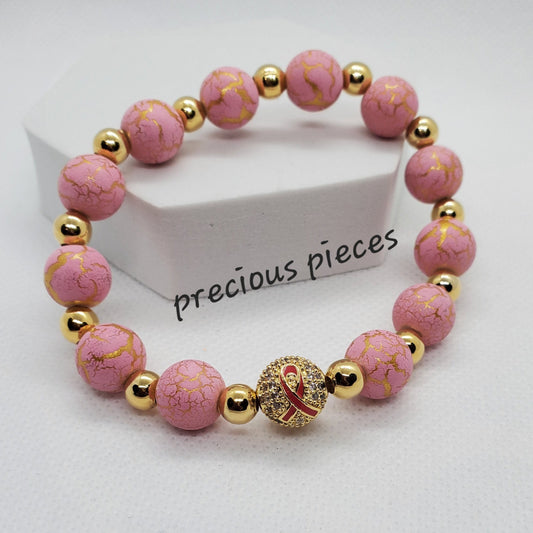 Gold Pink Ribbon Beaded Breast Cancer Awareness Bracelets with Gold Round Accents