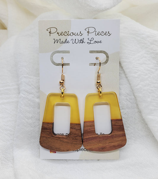 Yellow & Wood Trapezoid Earrings