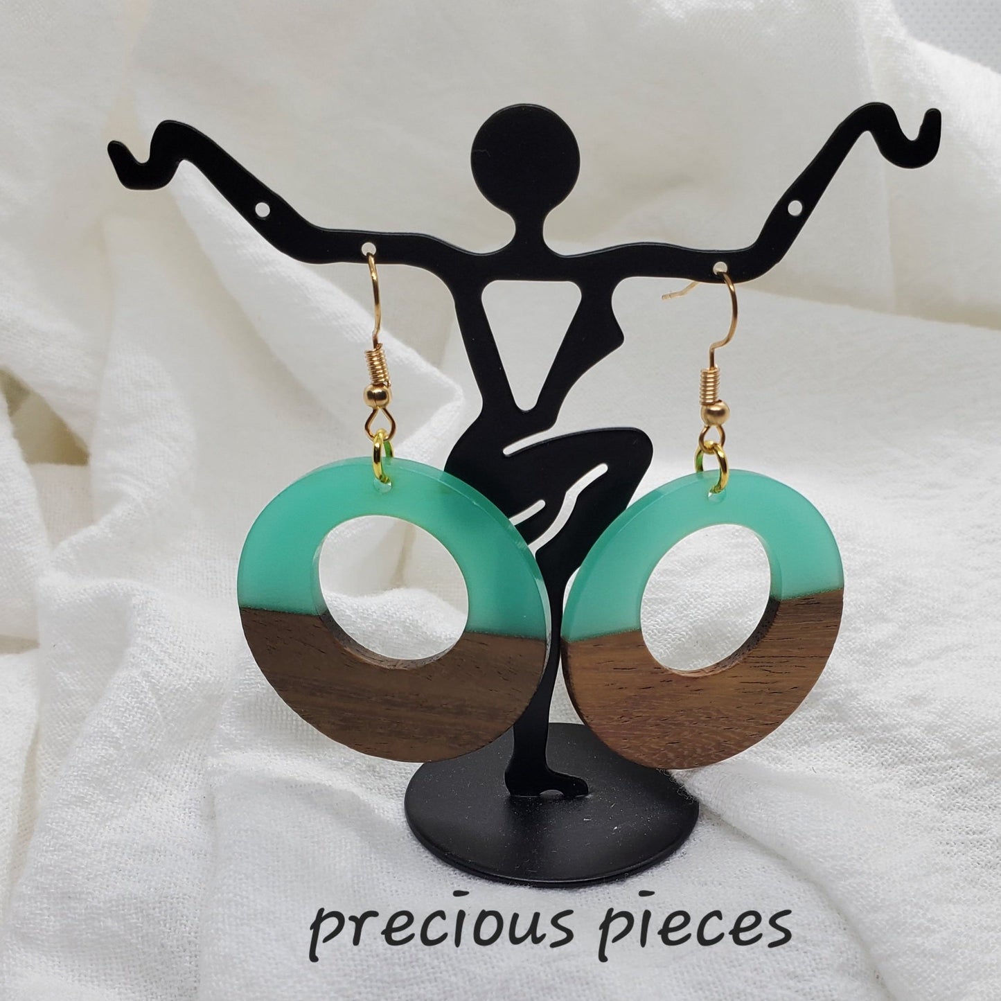 Light Green & Wood Hoop Earrings