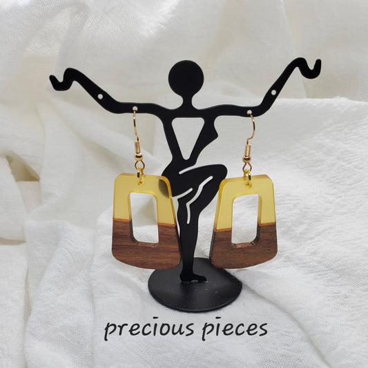 Yellow & Wood Trapezoid Earrings