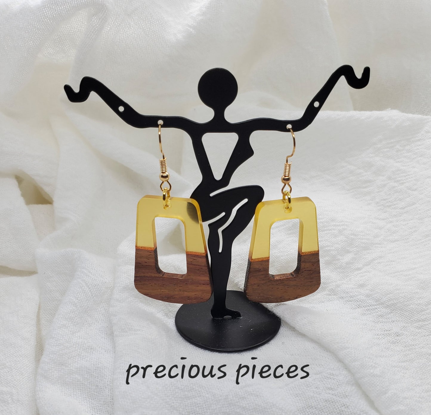 Yellow & Wood Trapezoid Earrings