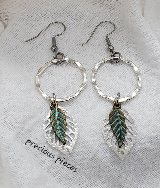 Silver Hoop Leaf Earrings