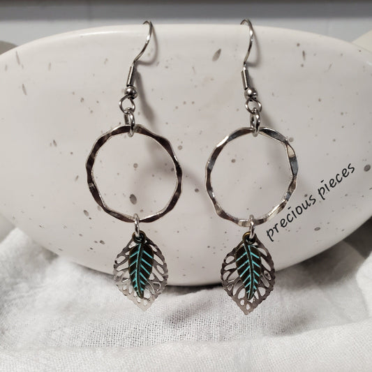 Silver Hoop and Leaf Earrings