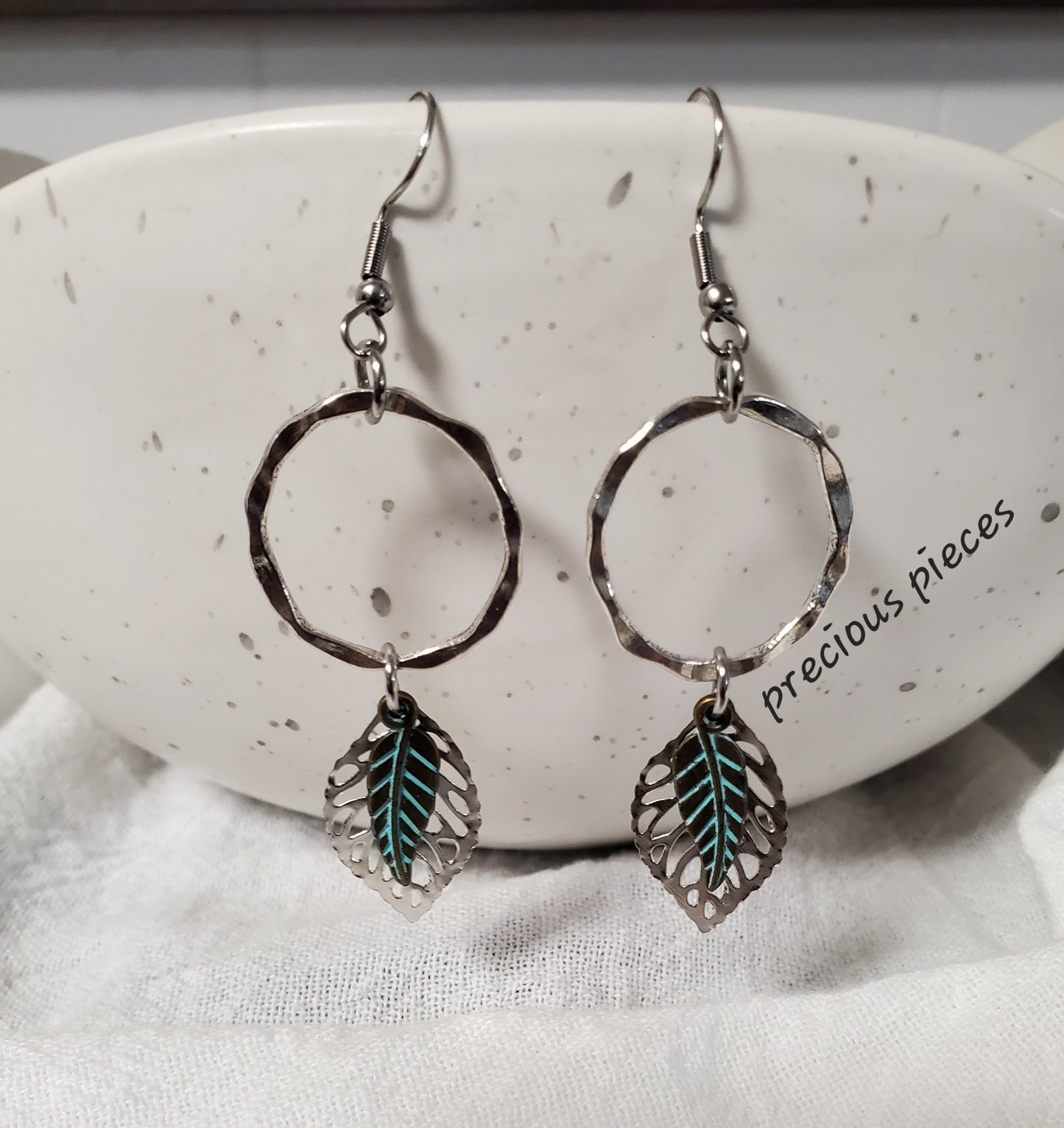 Silver Hoop Leaf Earrings