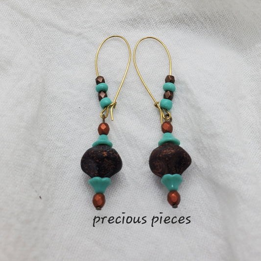 One of A Kind Turquoise and Brown Dangle Earrings