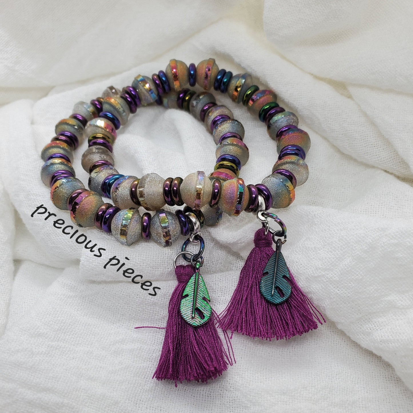 Iridescent Beaded Bracelets with Tassel