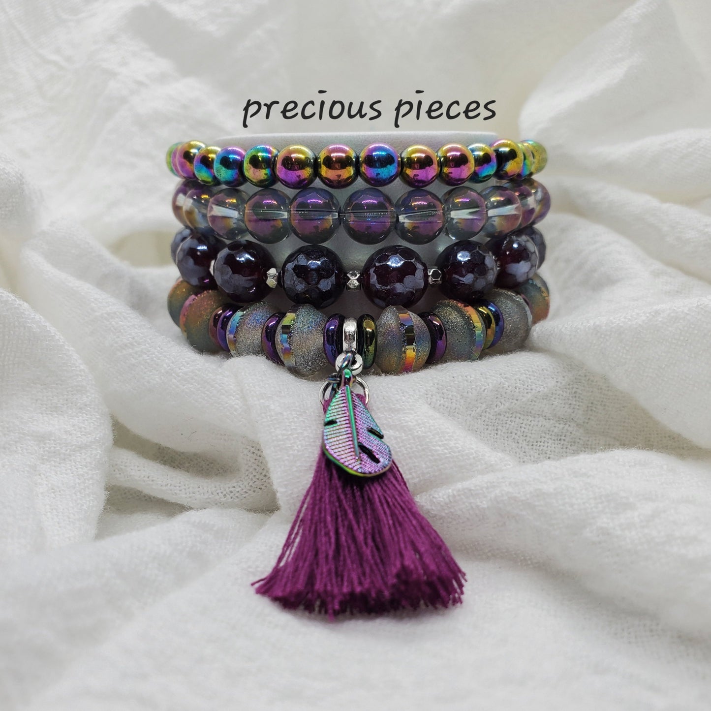 Iridescent Beaded Bracelets with Tassel