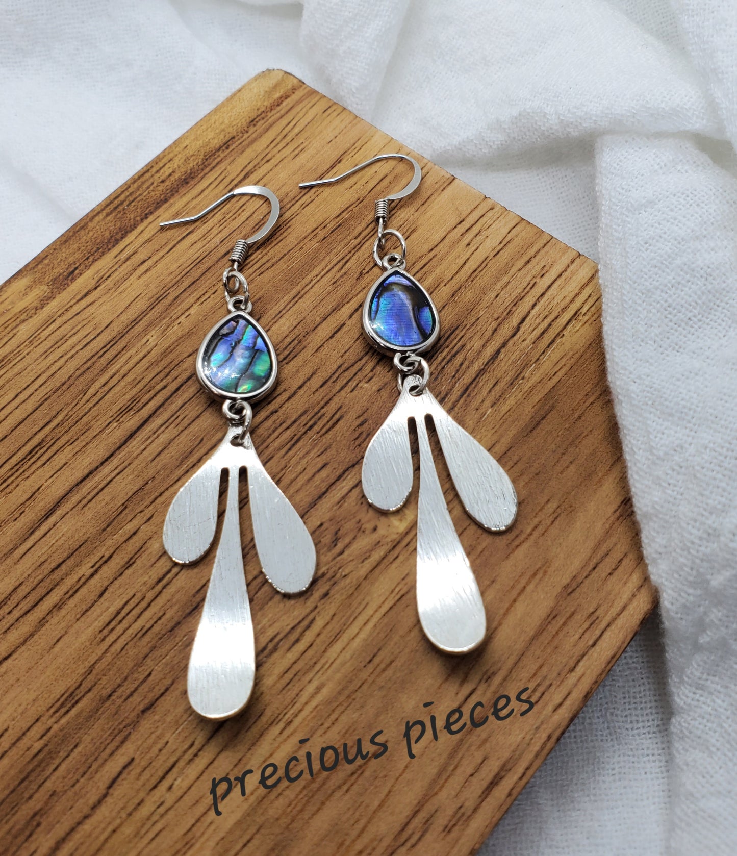 Teardrop Shell and Silver Leaf Earrings