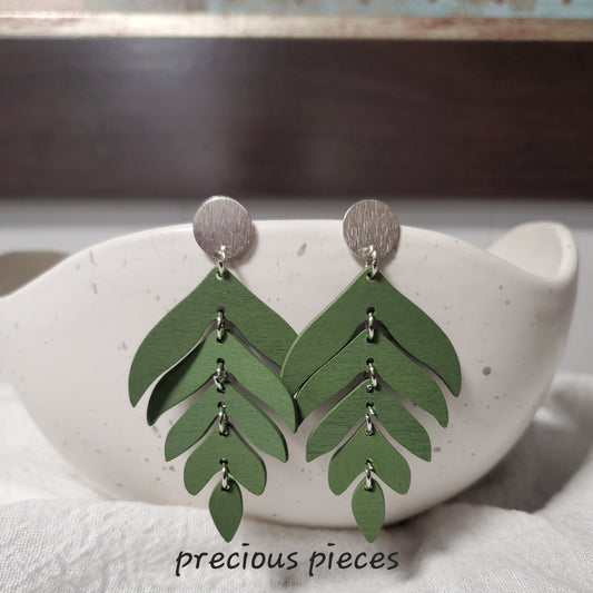 Green Stacked Leaf Earrings