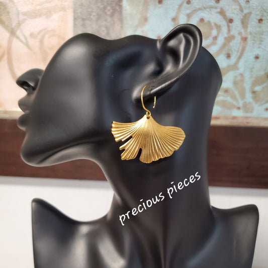 Brass Ginkgo Earrings with Round Ear Hooks