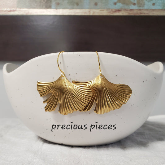 Brass Ginkgo Earrings with Round Ear Hooks
