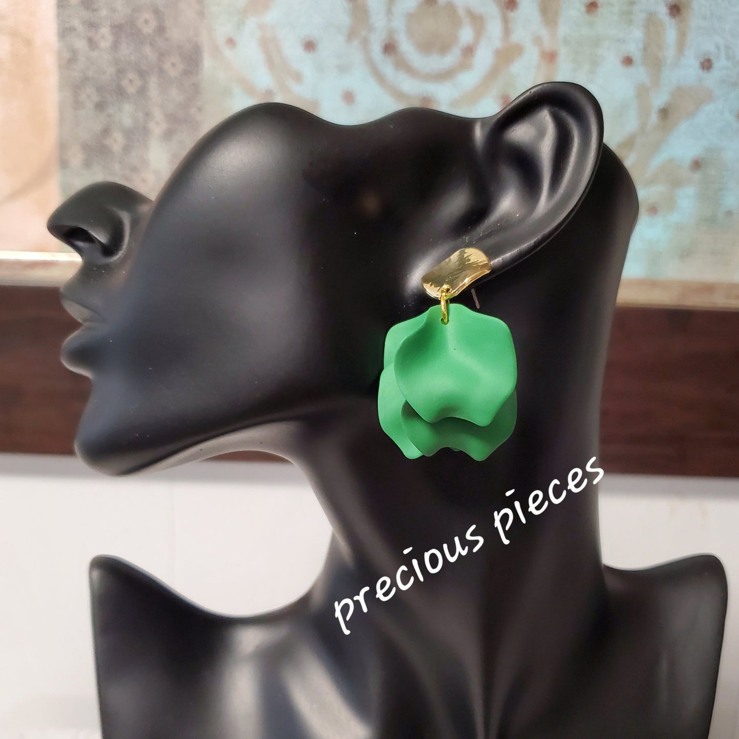 Acrylic Green Flower Petal Earrings