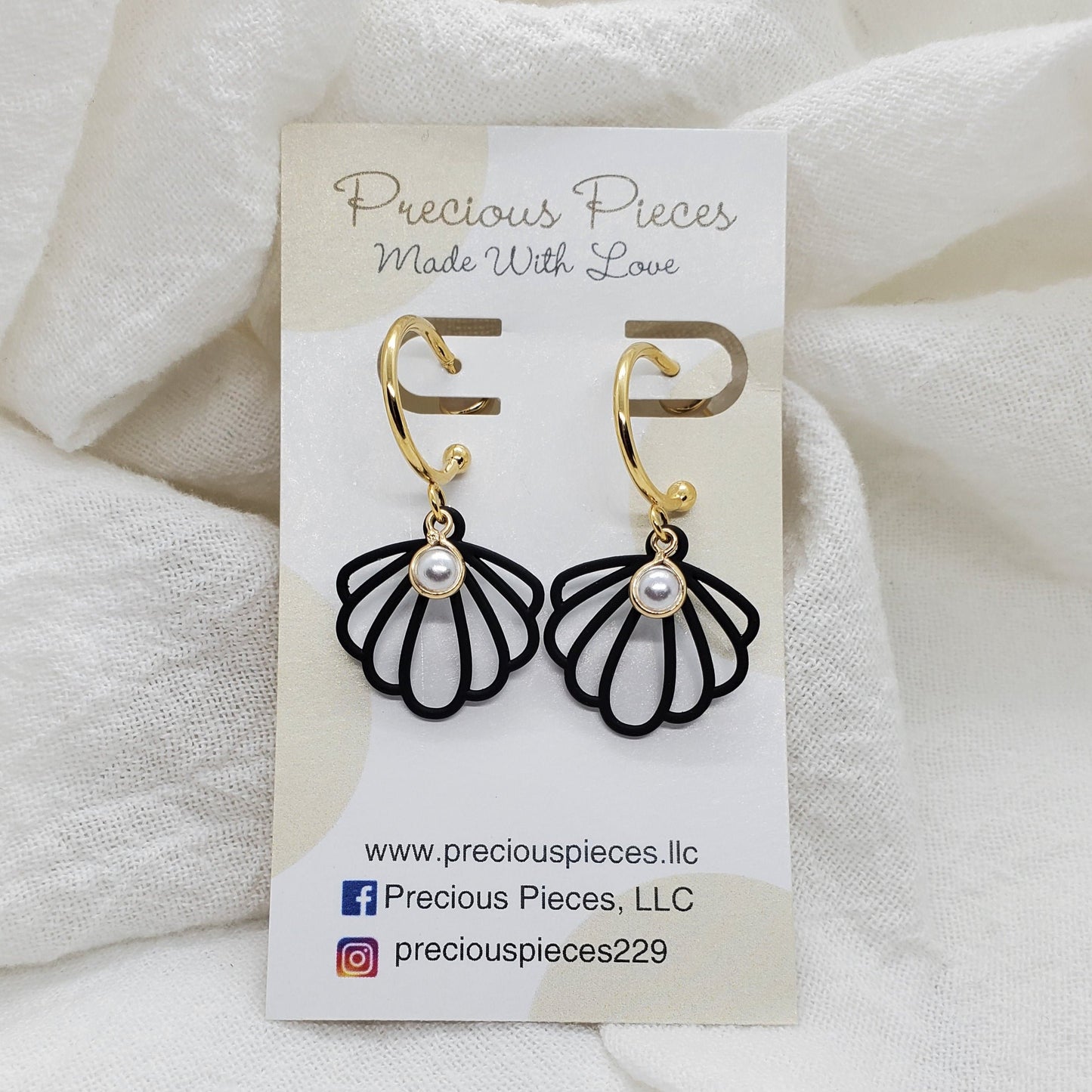 Black Ginkgo Leaf and Pearl Earrings