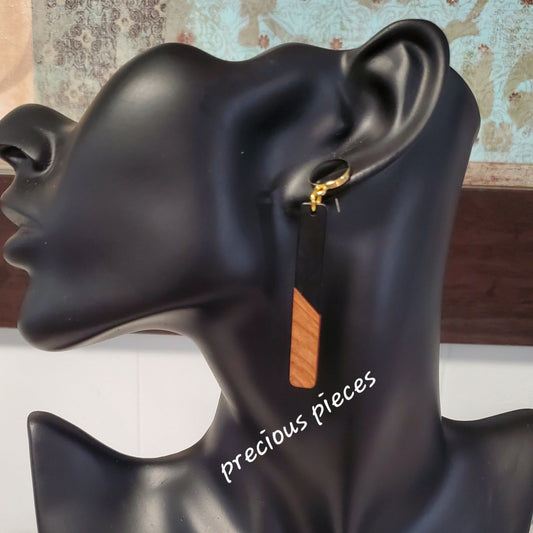 Slim Black and Wood Rectangle Earrings