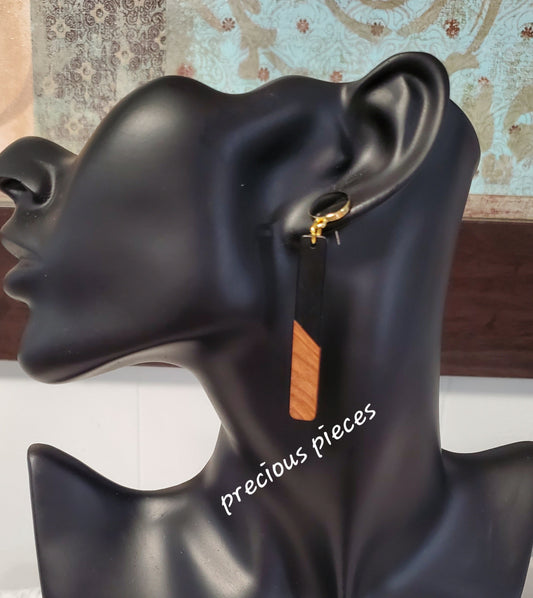 Slim Black and Wood Rectangle Earrings