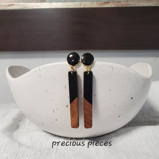 Slim Black and Wood Rectangle Earrings