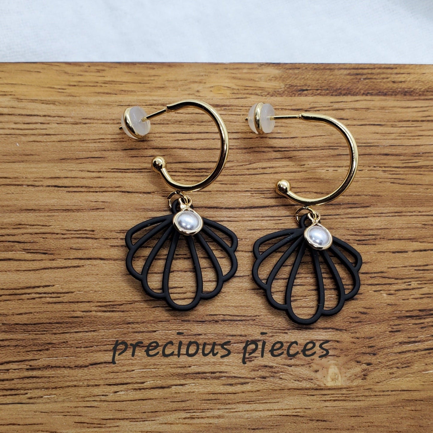 Black Ginkgo Leaf and Pearl Earrings