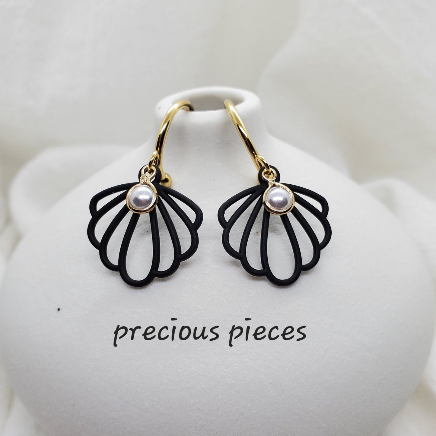 Black Ginkgo Leaf and Pearl Earrings