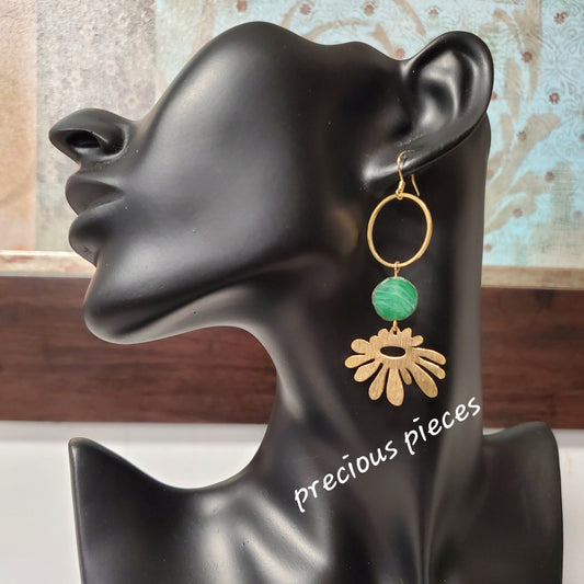 Brass Flower and Green Glass Bead Earrings