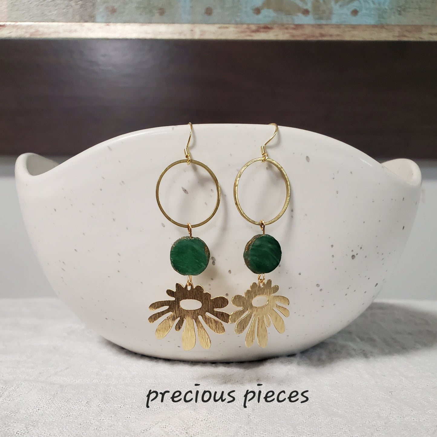 Brass Flower and Green Glass Bead Earrings