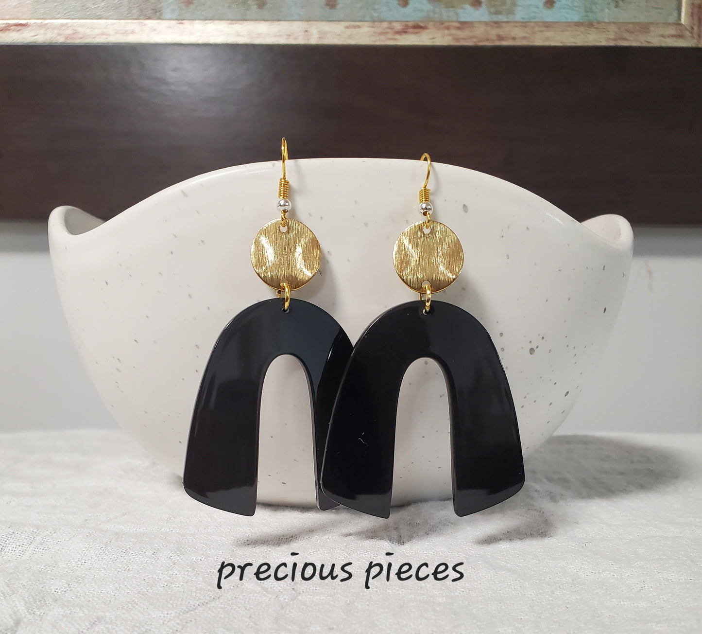 Black Acrylic Arch Earrings with Brass Accents