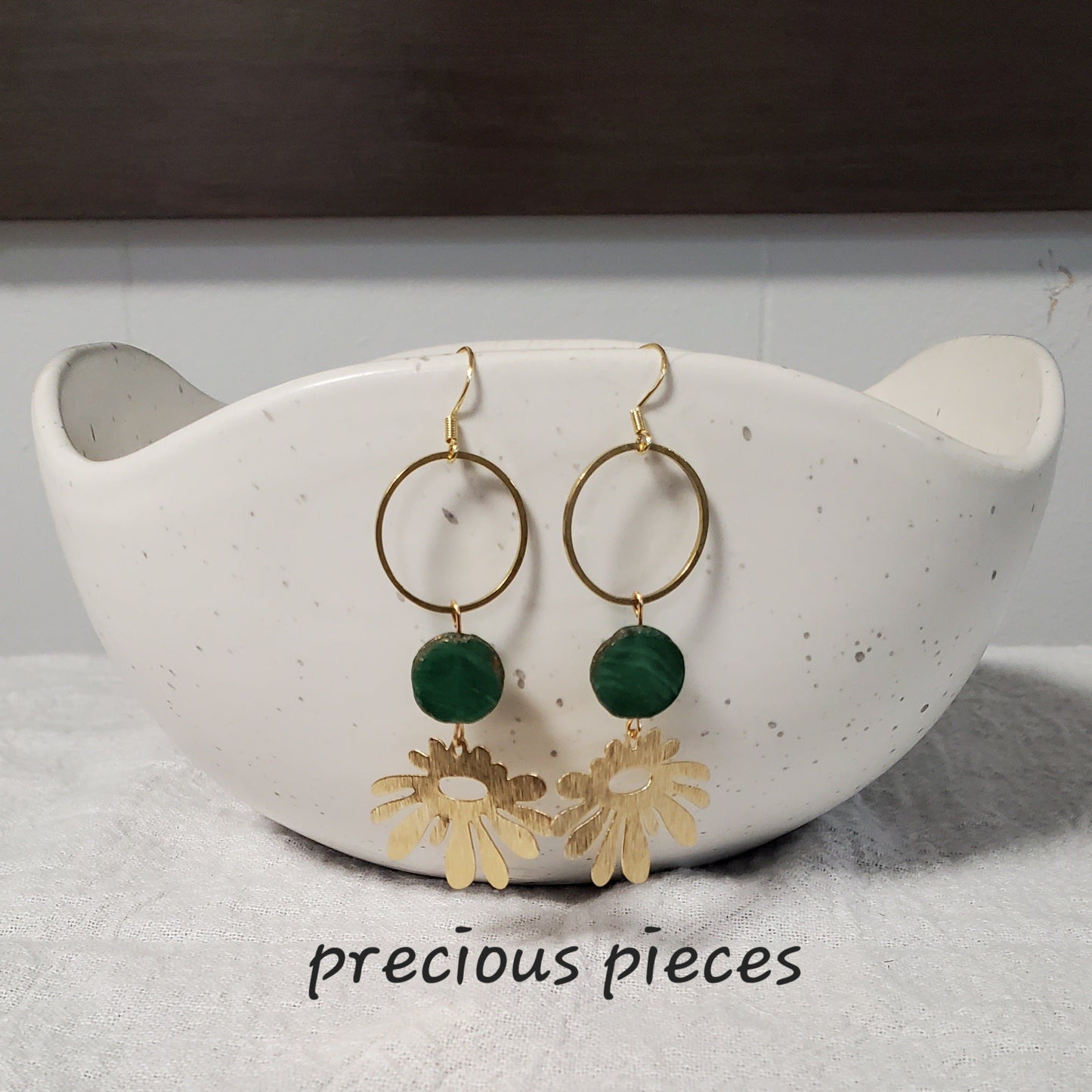 Brass Flower and Green Glass Bead Earrings
