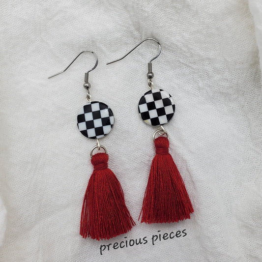 Checkered and Red Tassel Earrings