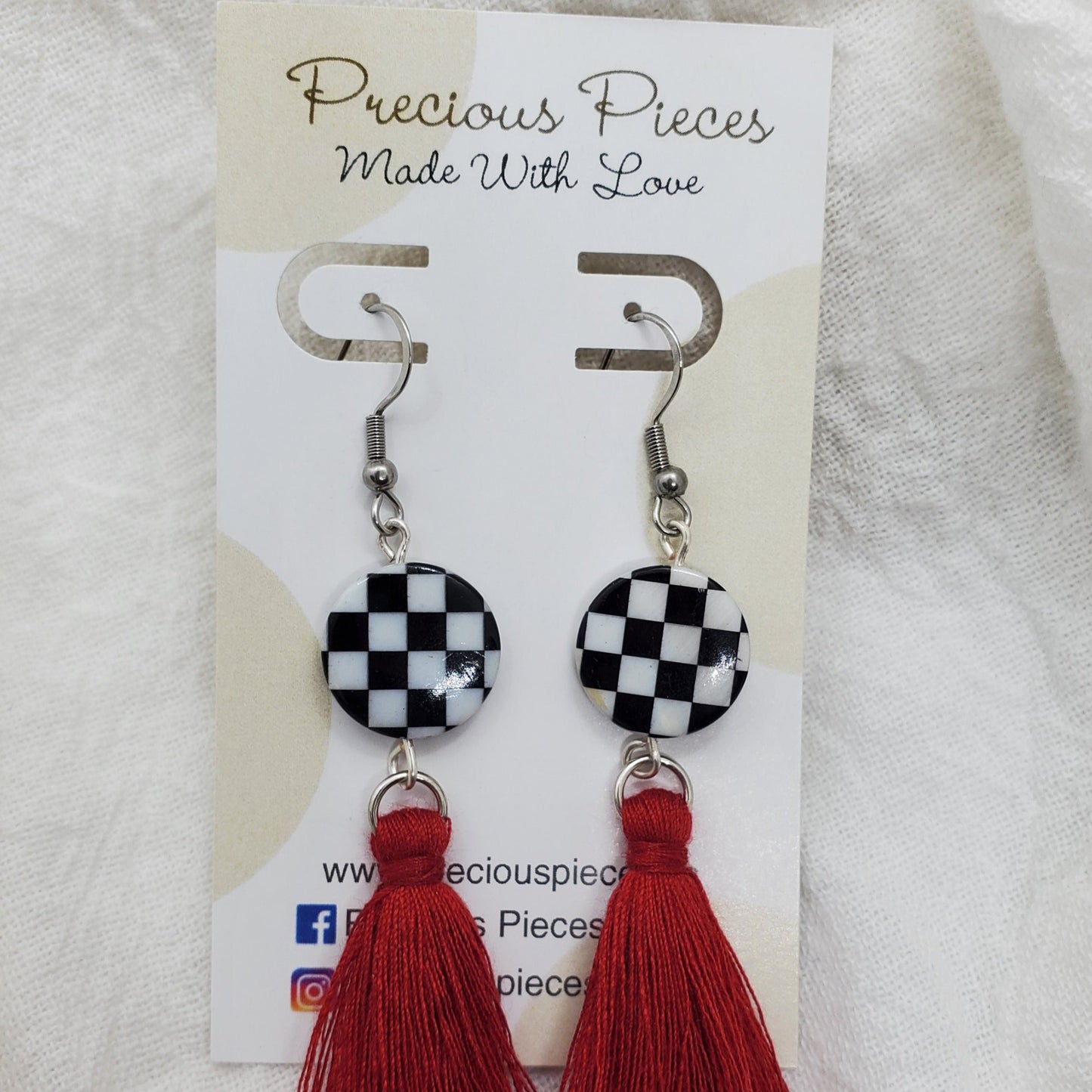 Checkered and Red Tassel Earrings