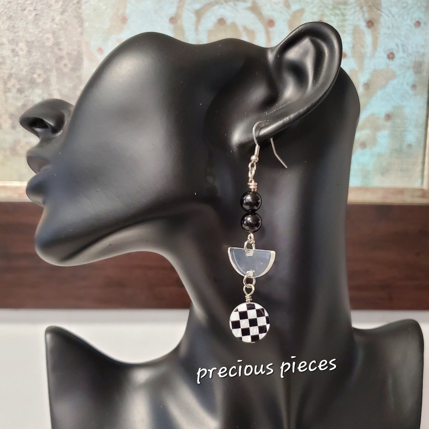 Black and White Checkered Dangle Earrings