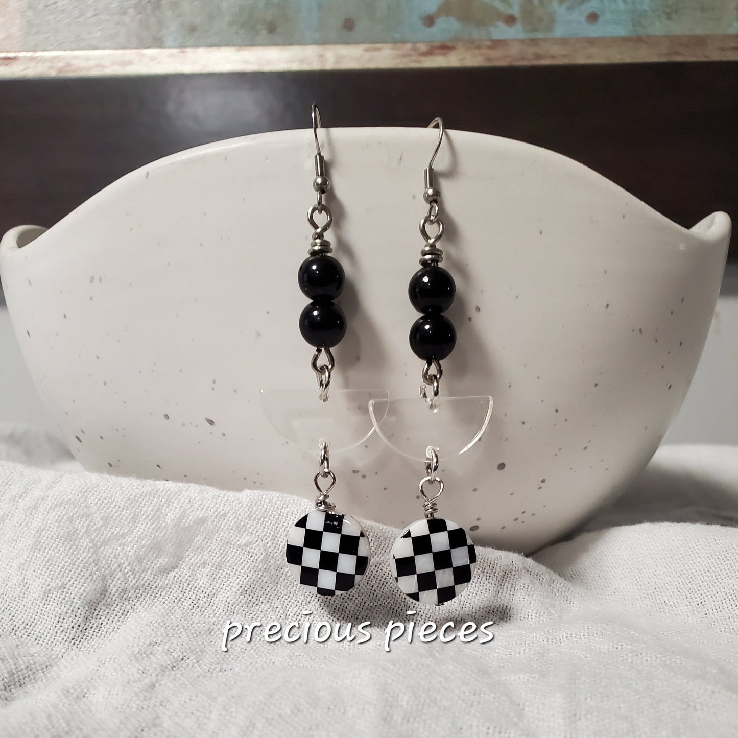 Black and White Checkered Dangle Earrings