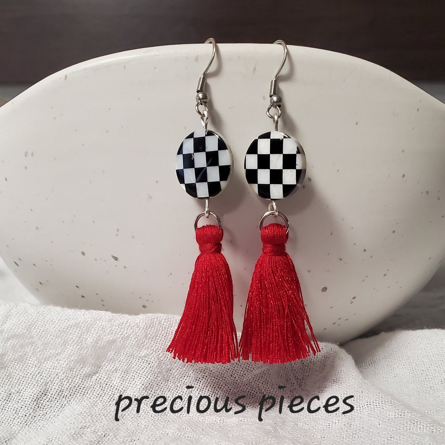 Checkered and Red Tassel Earrings