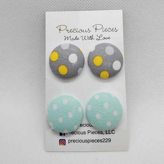 Gray and Light Blue White Polka-dot Fabric Earrings