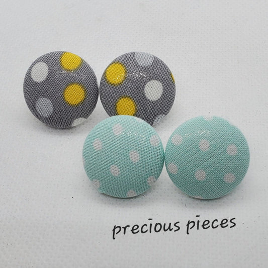 Gray and Light Blue White Polka-dot Fabric Earrings