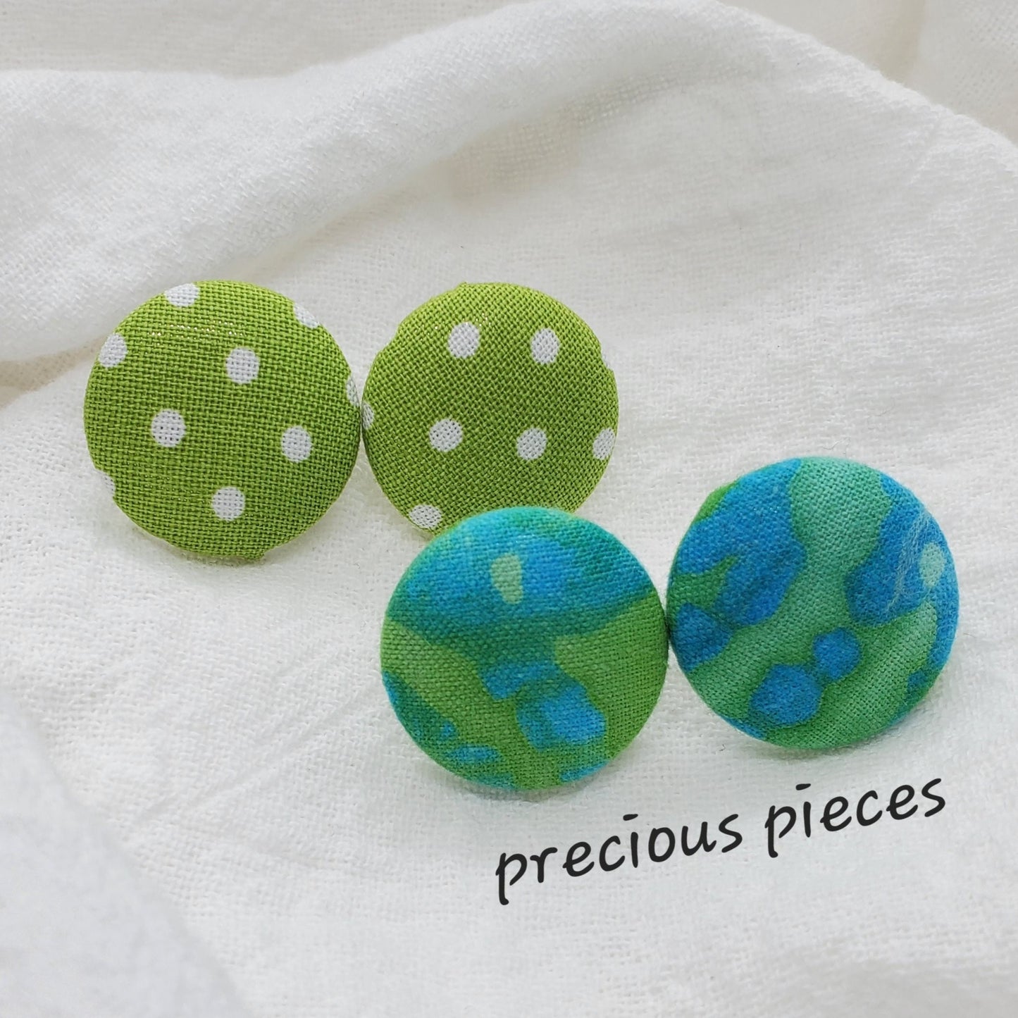 Green and White Polka-dot and Tie Dye Fabric Earrings