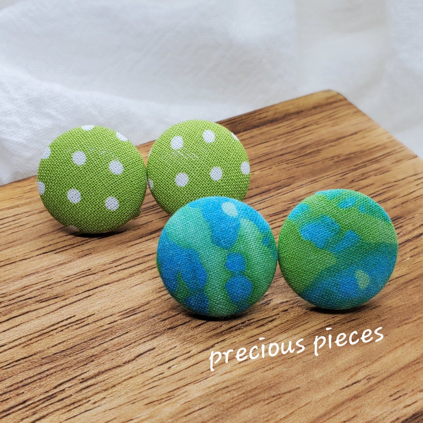 Green and White Polka-dot and Tie Dye Fabric Earrings